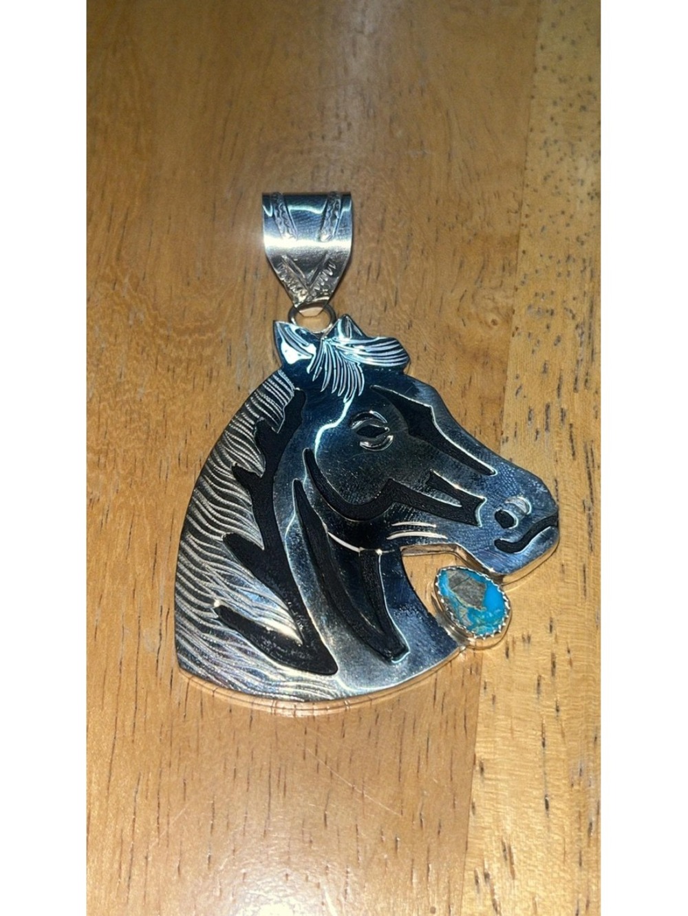 Navajo sterling silver large horse design pendant head turquoise -Alonzo Mariano
